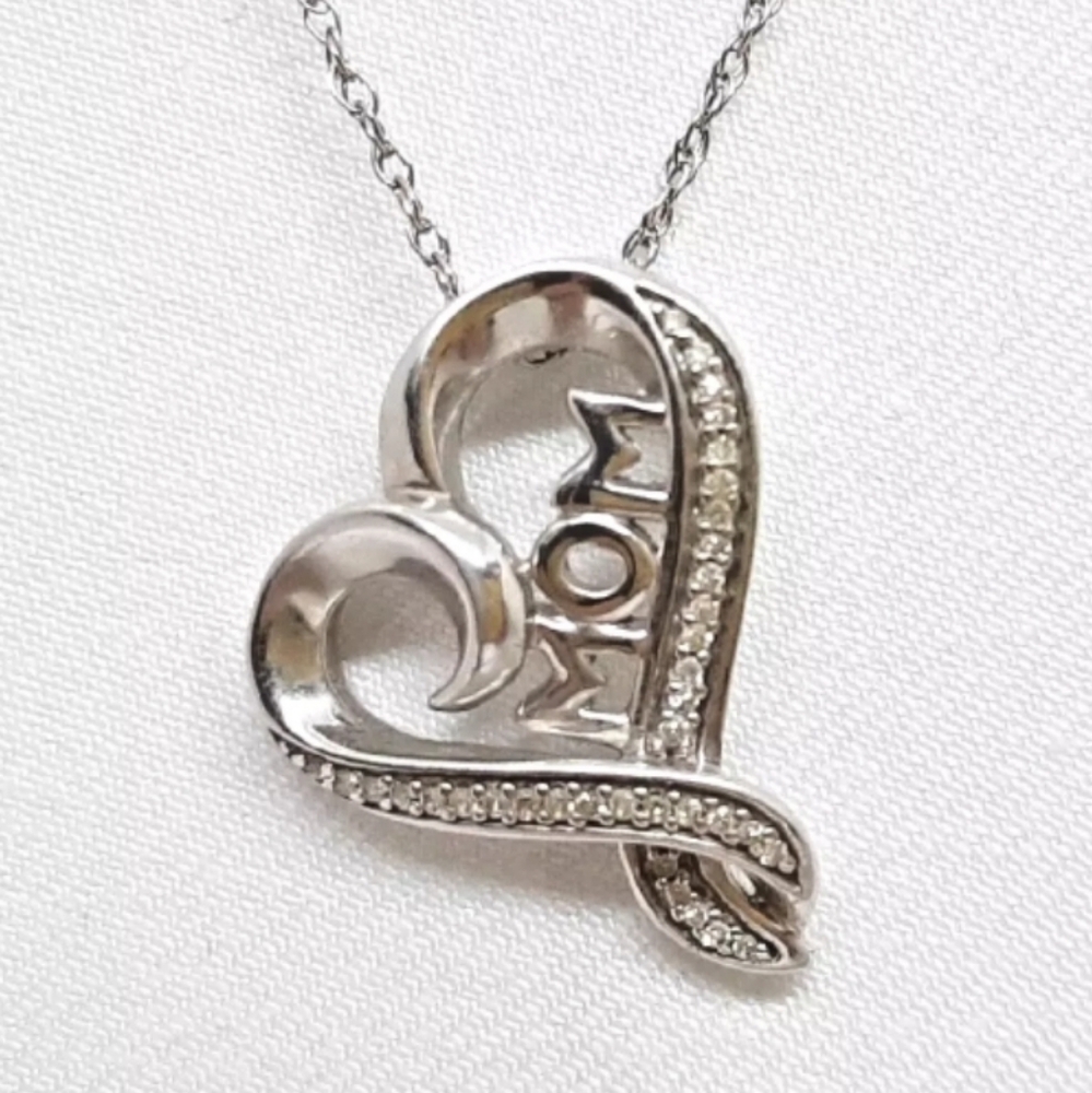 Genuine .32ctw Diamond 925 Sterling Silver Heart Mom Necklace / Earrings Set